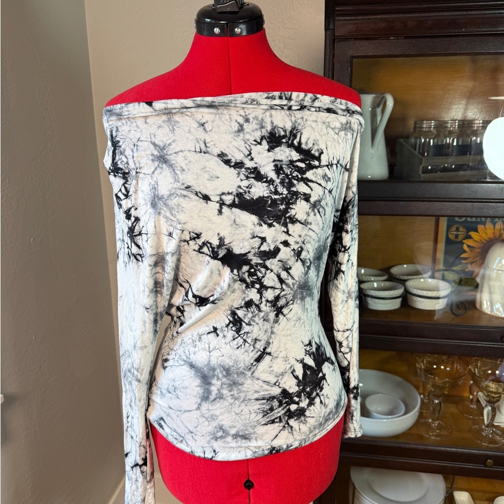Sans Souci Black White Tie Dye Off Shoulder Long Sleeve Top Size L